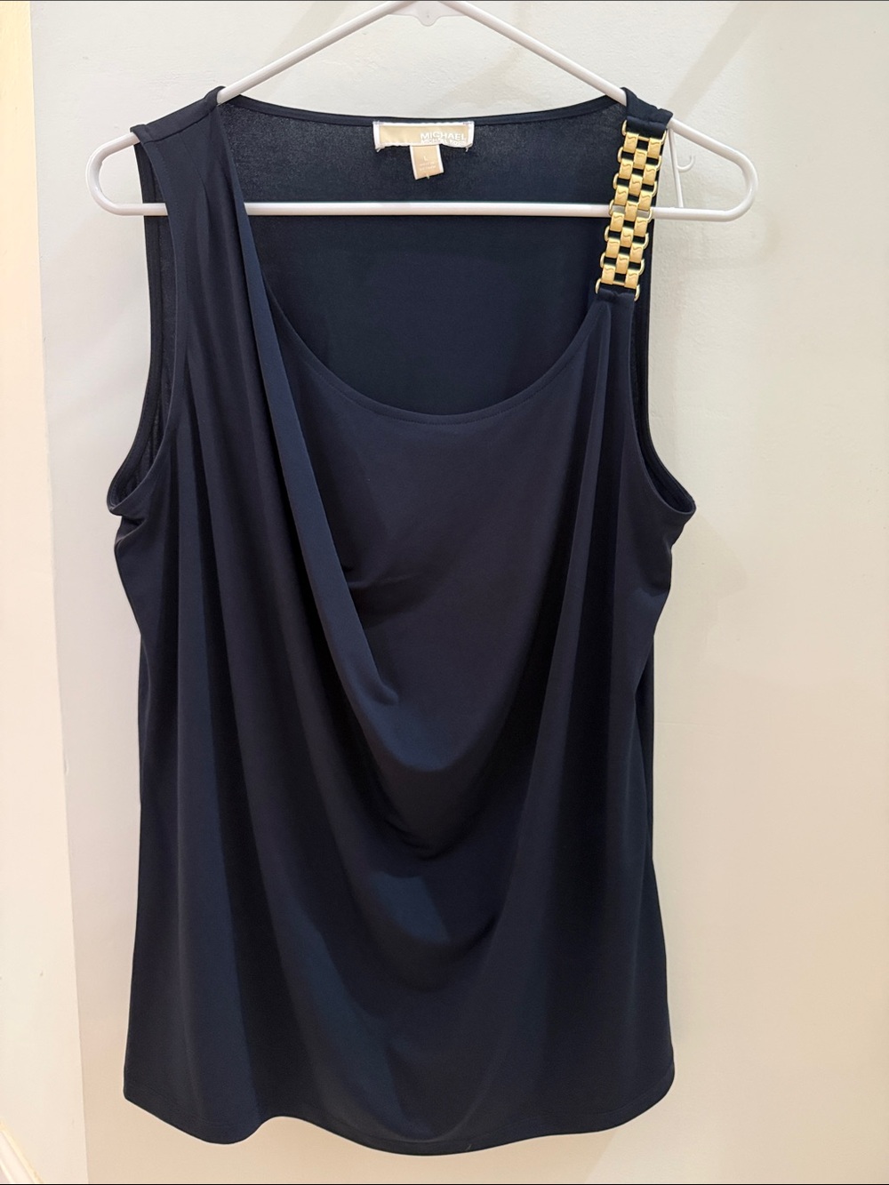MICHAEL Michael Kors Black Draped Tank with Gold-Link Shoulder